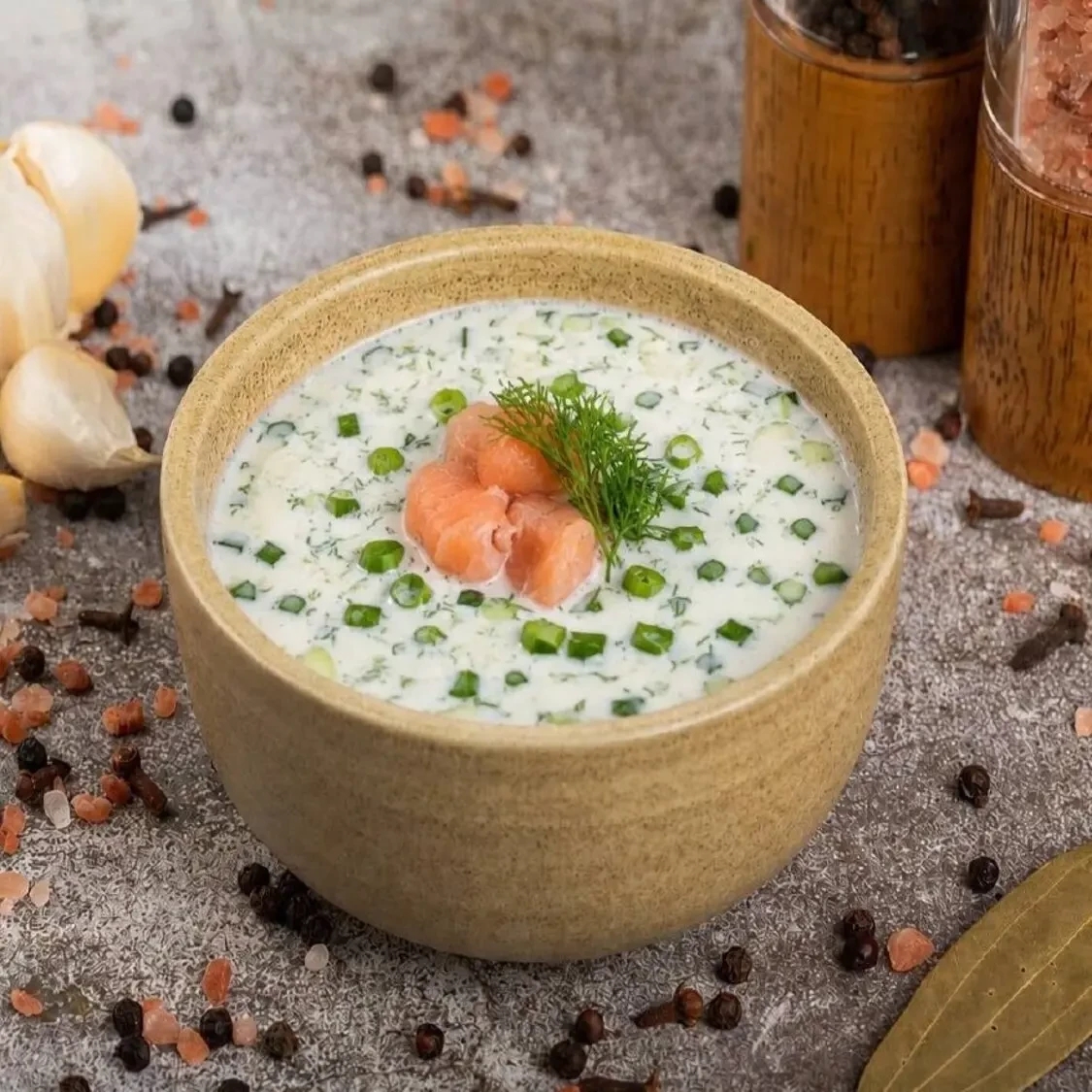 Okroshka with salmon